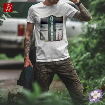 Eco-Friendly GOTS Organic Cotton T-Shirt with Rustic "Adventure" Cabin