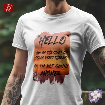 GOTS Organic Cotton T-Shirt Witty "Hello" Therapy Quote Sunset