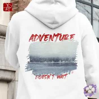 Adventure Does Not Wait Organic Cotton Hoodie – Unisex Winter Forest Design | GOTS Certified Eco-Friendly