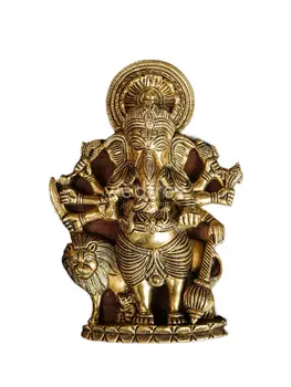 Brass Wall Hanging Drishti Ganesha, Ganesha with Lion Statue Wall Hanging