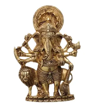 Brass Wall Hanging Drishti Ganesha, Ganesha with Lion Statue Wall Hanging