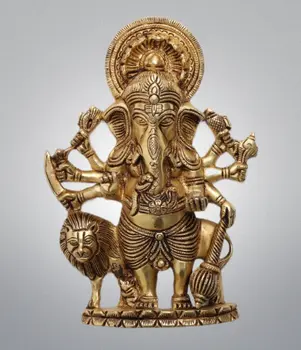 Brass Wall Hanging Drishti Ganesha, Ganesha with Lion Statue Wall Hanging
