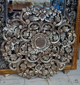 Flower Wooden Carving Wall Decoration Brown Metallic Wash Finishing