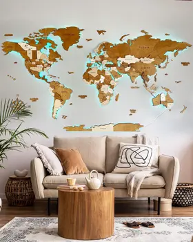 3D LED Illuminated Wooden World Map