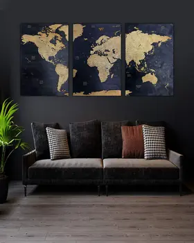 Premium Wood World Map Triptych