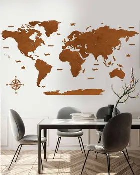 Blank Wooden World Map Hanging Wall Art Walnut
