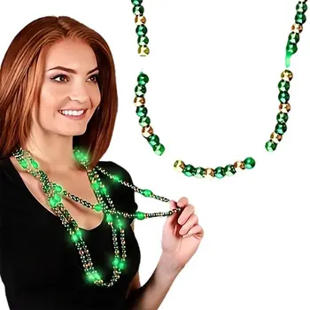 LED Necklace with Green and Gold Metallic Beads for St Patricks Day