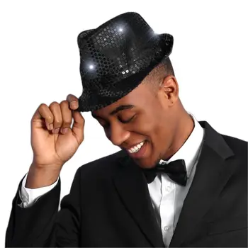 LED Flashing Fedora Hat with Black Sequins