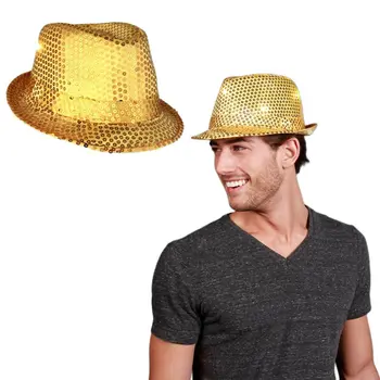 LED Flashing Light Up Fedora Hat with Gold Sequins