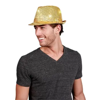 LED Flashing Light Up Fedora Hat with Gold Sequins