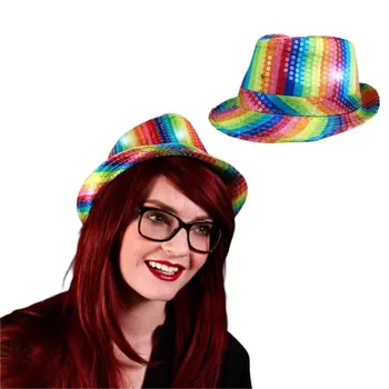 Light Up LED Flashing Fedora Hat with Rainbow Sequins