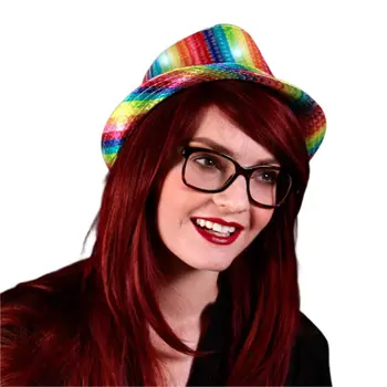 Light Up LED Flashing Fedora Hat with Rainbow Sequins