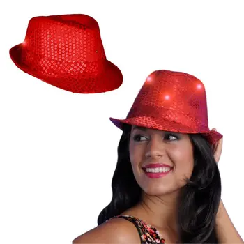 Light Up LED Flashing Fedora Hat with Red Sequins
