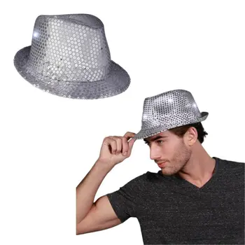LED Flashing Fedora Hat with Silver Sequins