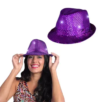 LED Flashing Fedora Hat with Purple Sequins