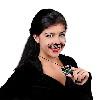 Black Kitty Cat Glowing Green Spooky Halloween Eyes Flashing Blinky Light Necklace