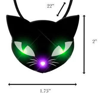 Black Kitty Cat Glowing Green Spooky Halloween Eyes Flashing Blinky Light Necklace