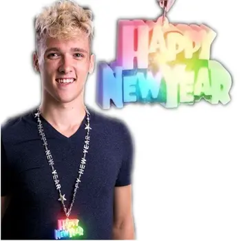 Light Up Happy New Year Silver Beaded Bling Necklace