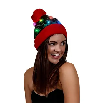 Light Up Black Red Pompom Beanie Hat