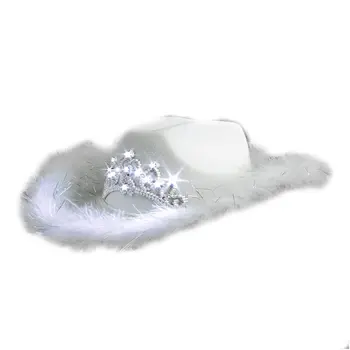 LED Flashing White Cowboy Hat Feather Brim with Princess Tiara