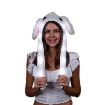Light Up Flashing Bunny Moving Ears Plush Hat White