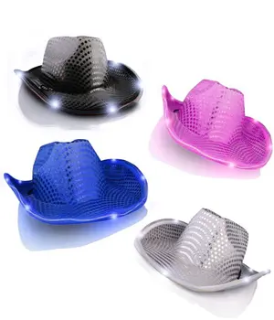 Light Up Flashing Sequin Cowboy Hat Blue Silver Pink Black Pack of 12