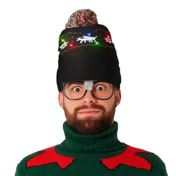 Light Up Reindeer  Knit Pom Pom Beanie Hat Pack of 4