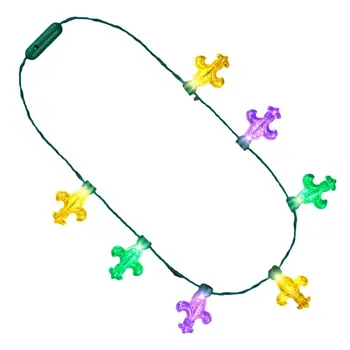 Mardi Gras Big Acrylic Fleur de Lis Bulbs LED Flashing String Charm Crewe Necklace