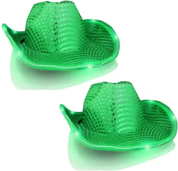 LED Flashing Cowboy Hat with Green Sequins Pack of 2
