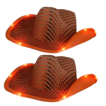 LED Flashing Cowboy Hat with Orange Sequins Pack of 2