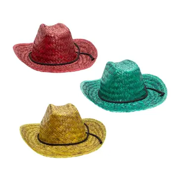 1 Dozen Non Light Up Assorted Red Green Gold Weaved Boho Straw Cowboy Hat with Black Cord