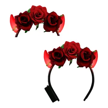 Red Light Up LED Devil Horns with Red Roses Flower Crown Headband