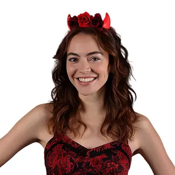Red Light Up LED Devil Horns with Red Roses Flower Crown Headband