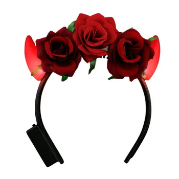 Red Light Up LED Devil Horns with Red Roses Flower Crown Headband