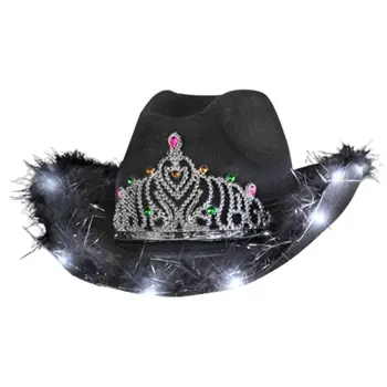 Light Up Black Bridal Cowboy Cowgirl Hat with Tiara