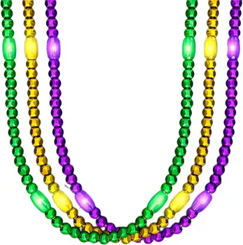 LED Necklace with Mardi Gras Beads Pack of 12