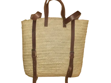 Mochila cuadrada de paja y cuero