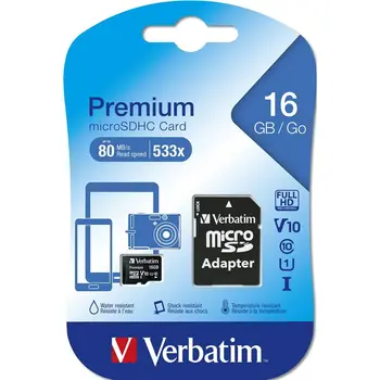Micro SD Memory Card with Adaptor Verbatim Black 16 GB