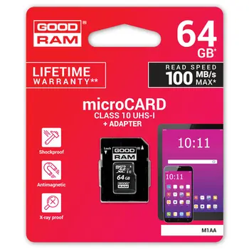Micro SD Memory Card with Adaptor GoodRam M1AA-0640R12 64 GB UHS-I Class 10 100 Mb/s