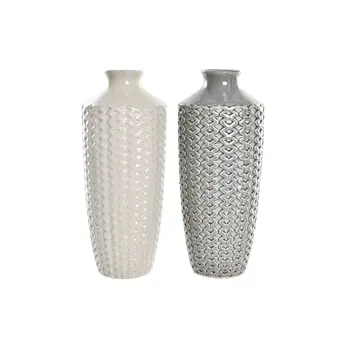 Vase DKD Home Decor Porcelain Grey Beige Oriental (2 Units) (16 x 16 x 40 cm)