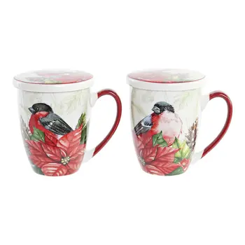 Teacup DKD Home Decor Bird Porcelain Red Green (380 ml) (2 Units)