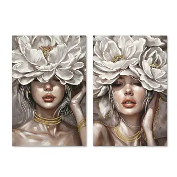 Painting Home ESPRIT White Beige Flowers Romantic 60 x 3 x 90 cm (2 Units)