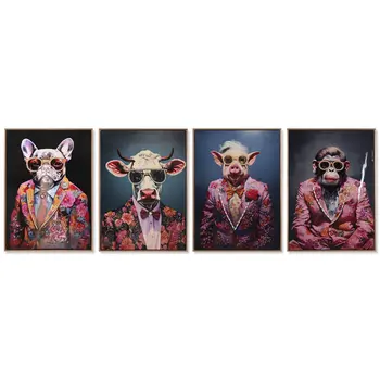 Painting Home ESPRIT Blue Red Animal Lacquered 52,5 x 2,8 x 72,5 cm (4 Units)