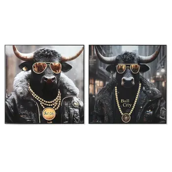 Painting Home ESPRIT Black Golden Modern Bull Lacquered 100 x 4 x 100 cm (2 Units)