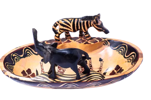 Wooden Oval Shaped Bowl w/Elephant and Zebra