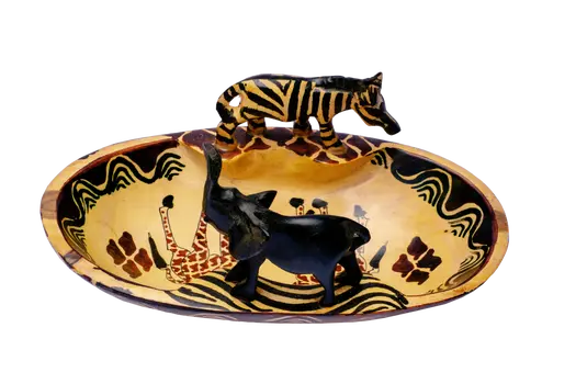Wooden Oval Shaped Bowl w/Elephant and Zebra
