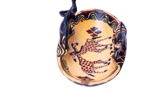 Wooden Oval Shaped Bowl w/Elephant and Zebra