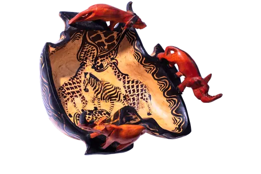 Wooden Africa Shaped Bowl w/Rhinoceros Buffalo and Elephant