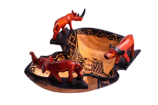 Wooden Africa Shaped Bowl w/Rhinoceros Buffalo and Elephant