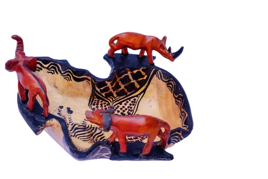 Wooden Africa Shaped Bowl w/Rhinoceros Buffalo and Elephant